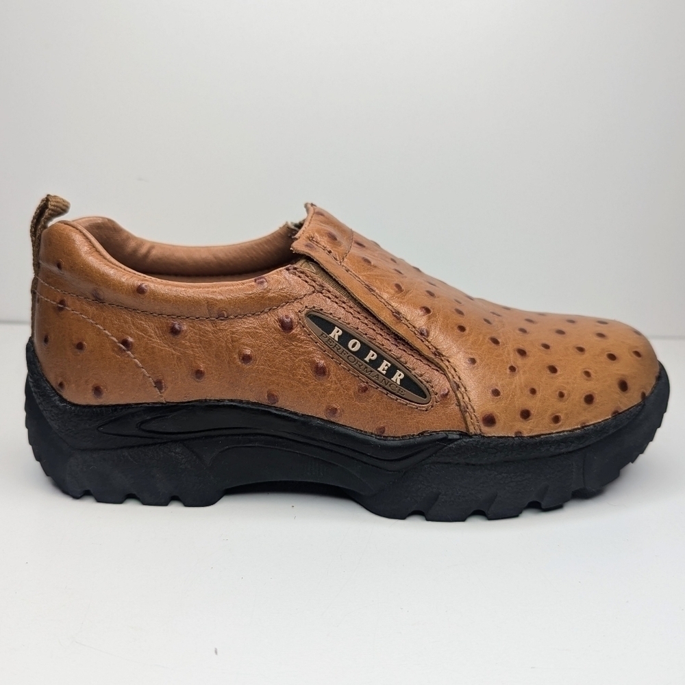 Roper Performance tan brown leather slip on clogs loafers ostrich womens sz 6.5